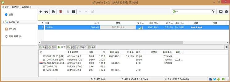 d[keys][values]e d3:onei1e3:twoi2e5:threei3 e4:fouri4ee [ 표 1] Bencoding 구조 토렌트파일은다음의정보들을 Bencoding의디렉터리 (Directory) 형식에맞춰갖고있다.