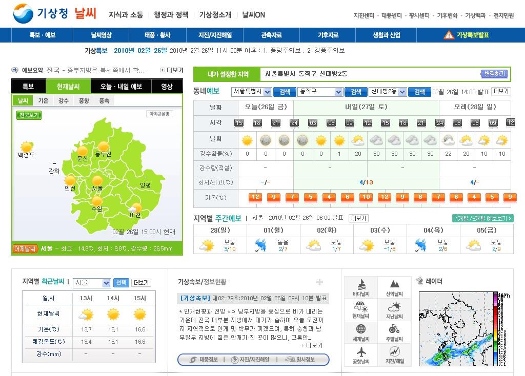 제 3 부우리나라기상기술과서비스현황 비전 World Best 365 날씨정보지역맞춤형서비스 날씨위젯서비스 [ 그림 3-42] 날씨정보인터넷서비스 4.