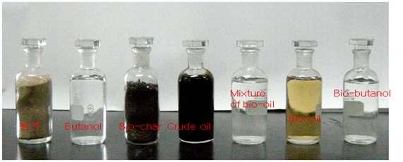 분은바이오차, Crude oil 및바이오오일로분리되었다 ( 사진. 4). 사진 4. Typical photographs of critical solvent treatment of rice hull as a feeding stocks and fraction products.