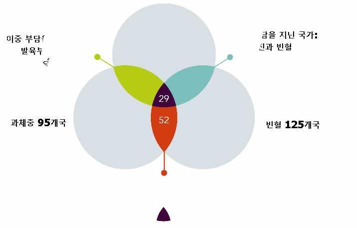 그림 12. 영양실조의부담을지닌국가수 발육부진 72 개국 이중부담을지닌국가 : 발육부진 이중부담을지닌국가 : 발육부진과과체중 1 발육부진과빈혈 4 38 과체중 95 개국 10 6 빈혈 125 개국 과체중 빈혈 이중부담을지닌국가 : 과체중과빈혈 자료 : Development Initiative(2017).