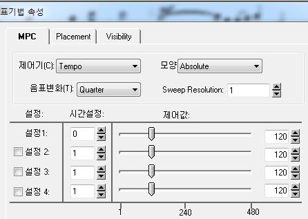 39. [ 고급 ] 소리의강약및빠르기조절눈솔 44 쪽 다중조절 (MPC, Multi-Point Controller) 기능 먼저변화를주고싶은음표를마우스로클릭한다.