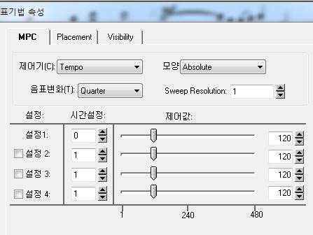 40. [ 고급 ] 소리의강약및빠르기조절 ( 계속 ) 눈솔 45 쪽 4) 설정 (Setting): Initial" 은첫번째단계의시작상태를지정한다. 그리고 Setting 2", "3", "4" 는각단계의마지막상태를지정한다. 상태지정값은오른쪽에붙어있는조정자를마우스로움직여서조정한다.