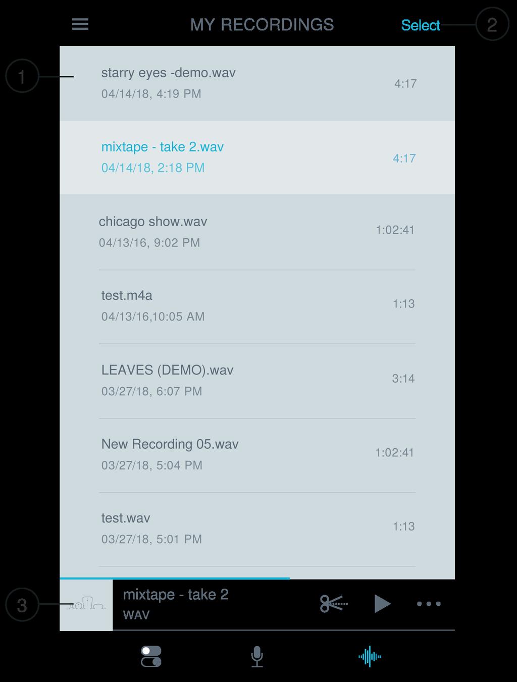 내레코딩재생목록 1 트랙목록 녹음한트랙목록을표시합니다. 2 선택버튼 Select 버튼을사용해변환, 공유하거나삭제할 1 개또는다수녹음을선택합니다. 3 오디오플레이어바 Edit 아이콘을눌러편집기에액세스합니다. 녹음을재생한후일시정지합니다. 점세개를눌러이름변경, 공유, 오디오변환또는옵션삭제에액세스합니다.
