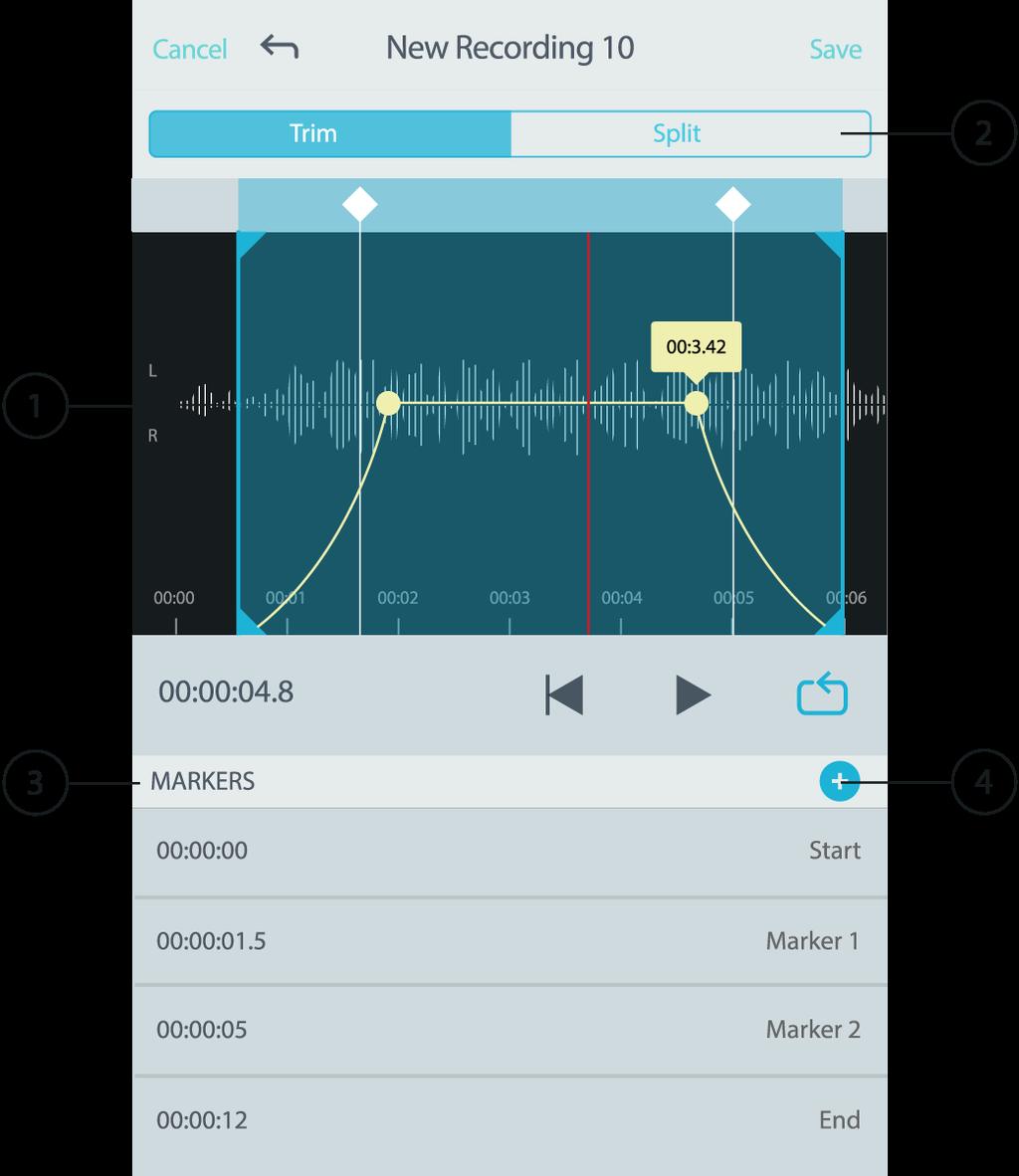 편집기 1 시간표시줄디스플레이 전체시간표시줄을나타냅니다. 정확하게편집하려면확대하십시오. 2 트림 / 분할선택 편집모드를선택합니다. 3 마커추가 플레이헤드위치에마커를추가하려면클릭합니다. 4 마커목록 모든레코딩은시작및종료마커로시작합니다. 자세한내용은 마커 항목을참조하십시오. 트림모드로편집 Trim 모드는오디오트랙의시작및종료에서여분의공간을트림하는데사용됩니다.