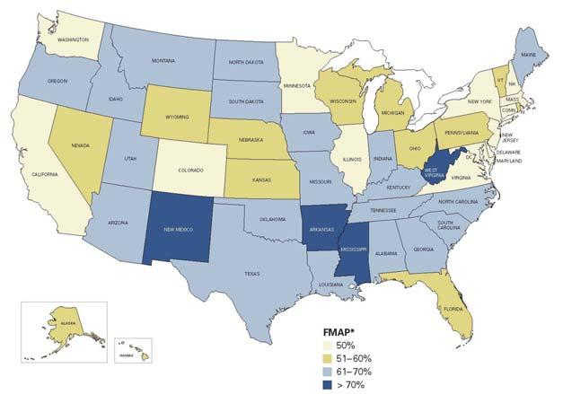 104 그림 Ⅲ-5 미국의각주별연방정부보조비율 (FMAP), 2007 각주마다상이한자격기준과서비스를제공하기때문에실제적으로메디케이드관련주별지출규모와성장률은주의특성에따라다르게나타나고있다.