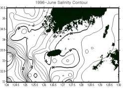 다른해도마찬가지로 1996년의 8월만큼낮은염분농도를보이지않았지만보통 1996년과같이제주도의서남해해역이 6월부터염분이낮아지기시작하여 8월에가장낮은염분분포를보이다가