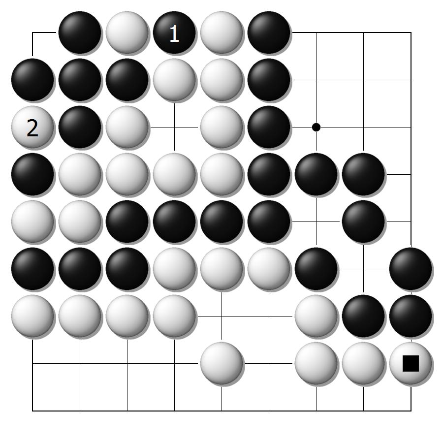 12.4 JK 룰의소개 1: 기본아이디어 319 그림 12.11. 백의마지막수는 이다. 흑은 계속좌상을건드리려고한다. 흑 3 은 P, 백 4 는 E. 그림 12.12. 6 까지진행되면흑은 P 를선택할 권한이없다. 하자. 백은당연히 2로방어를할것이다. 백의 2의착점은 C이므로흑은 3으로 P를택하는것은가능하고, 그렇게착수했다고하자.