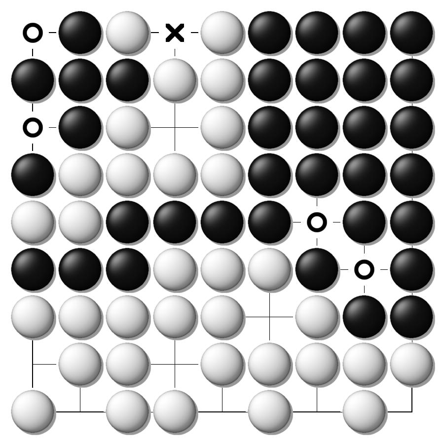 320 제 12 장새로운바둑룰의제안 그림 12.13. 흑 7 로두는식으로일단은계속 트롤링을지속할수있다. 그림 12.14. 이런모양까지진행된후, 흑은 X 에둘수없는상황에처한다. 12.5 JK 룰의소개 2: 동형반복의해결 앞섹션에서논의한내용도바둑룰이동형반복을어떻게처리하는지에따라그결론이달라질수있다는것을독자들은눈치챘을것이다.