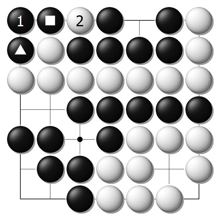 12.5 JK 룰의소개 2: 동형반복의해결 321 예제들을생각해보자. 그림 12.15. ( 백 3 은, 흑 4 는 E) 백의의도는 5 를 1 에두어계속트롤링을하는것이다. 그림 12.16. ( 흑 3 은, 백 4 는 1, 흑 5 는 ) 백이 6 으로 P 를택할것이다. 그림 12.15는전형적인착점주기 3의동형반복이다.