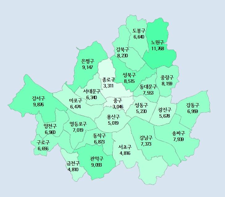 ( 단위 : 명, %) 자치구 6080 1인가구 여성 1인가구 남성대비여성비율 강남구 10,129 7,373 267.5% 송파구 11,184 7,939 244.7% 강동구 10,267 6,959 210.4% 합계 248,381 173,524 231.8% 자치구별 6080 여성 1 인가구인구수를나타난지도는아래와같다.