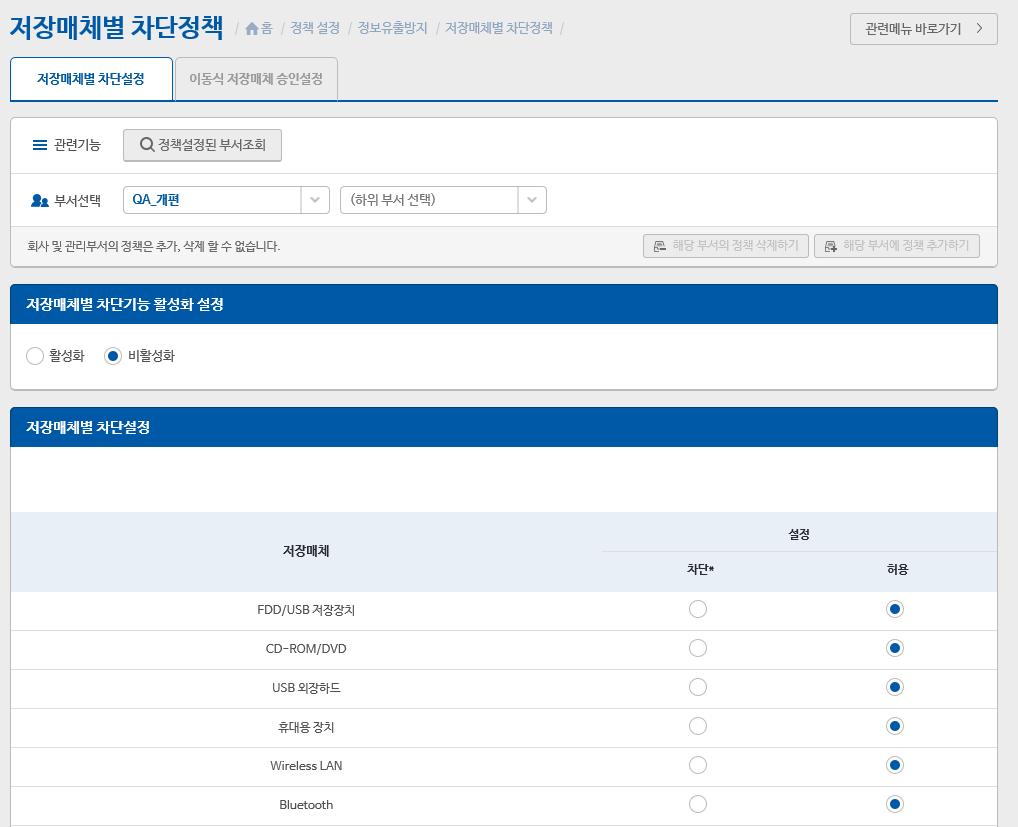 예외설정 FDD/USB 메모리, CD-ROM/DVD, USB 외장하드를차단할경우, 저장매체에파일을저장하는것 을차단합니다.