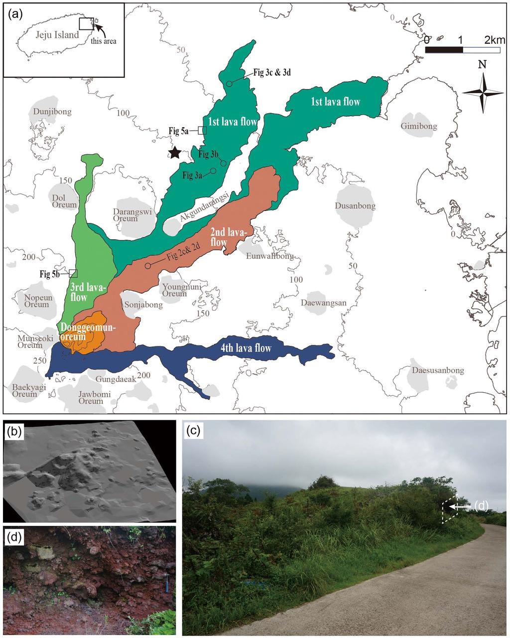 제주도곶자왈형성의주요원인 5 Fig. 2. a) Distribution of the lava flows constituting the Gujwa-Seongsan Gotjawal, which originated from the Donggeomun Oreum scoria cone.