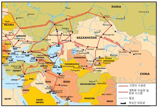 228 24% 에달해러시아의수출통제력이남아있는수송관이라고할수있다. 실제러시아는러시아를경유하는석유에대한관세의인상이나불가리아의보우어가스 (Bourgas) 에서그리이스로향하는수출경로의개발등을주장하며카자흐스탄을압박하고있다.