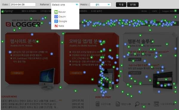 Search HitMap 기능확인하기 Search HitMap 은방문자의클릭영역을검색엔진으로필터링하여보여주는분석기능입니다. 즉웹사이트로유입된방문자가네이버검색을통해들어왔는지, 구글검색엔진을통해들어왔는지를분류하여클릭좌표를나타내주는기능입니다.
