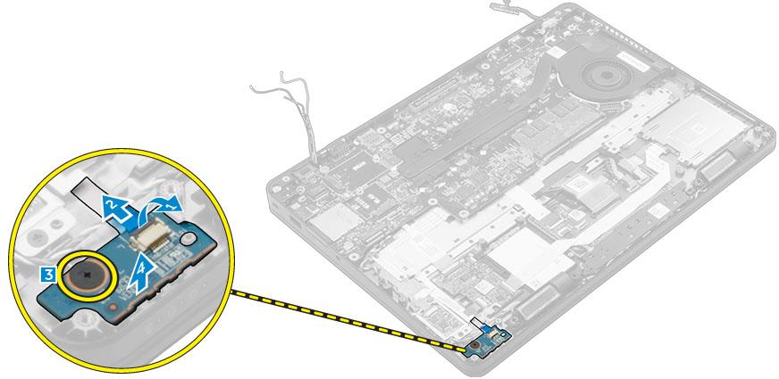 LED 보드설치 1. LED 보드를컴퓨터의슬롯에삽입합니다. 2. LED 보드를컴퓨터에고정시키는나사를조입니다. 3. LED 보드의커넥터에 LED 보드케이블을연결합니다. 4. 다음을설치합니다. a. 도크프레임 b. 하드드라이브조립품또는 M.2 SSD 또는 PCIe SSD c. 배터리 d. 베이스덮개 5. 컴퓨터내부작업을마친후에의절차를따릅니다.