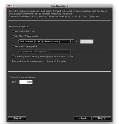 3. 측정패치와측정설정페이지의통신포트번호를설정합니다풀 - 다운메뉴에서생성할프로파일에사용할측정패치를선택합니다. 초기설정은아래와같습니다 : Automatic selection 적절한측정패치를자동으로선택가능하도록합니다. For 3D-LUT type profile 특성을알수없는장치를측정할때선택합니다.