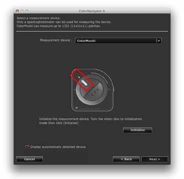 4. 측정장치를선택합니다소프트웨어안내에따라측정장치를선택합니다. 필요하면측정장치를초기화합니다. 장치측정에사용할수있는측정장치는분광광도계 (X-Rite i1pro / Pro2 / Monitor, X-Rite ColorMunki, Klein K-10, Photo Research PR-655 / PR-680) 뿐입니다.