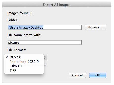 주의: Automation Engine이나 FlexRip 환경에서 작업하는 경우 내보낸 파일을 Automation Engine 컨테이너에 쓰는 것이 좋습니다. 9.3.2 문서의 모든 이미지 내보내기 1. 메뉴에서 "Window > Esko > Image Extractor > 모든 이미지 내보내기"를 선택합니다.