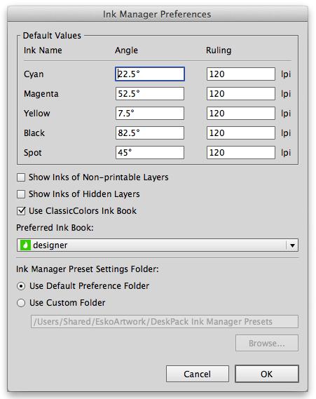 Ink Manager 기본 설정에서는 CMYK 잉크에 대한 기본값(각도 및 룰링)을 설정할 수 있습니다. 기본 각도 및 룰링을 새 별색 잉크에 사용할 수 있도록 설정할 수도 있습니다. 단, 이 기본값은 다른 각도 및 룰링 값과 함께 이전에 사용했던 별색 잉크를 사용할 경우 재정의할 수 있습니다.