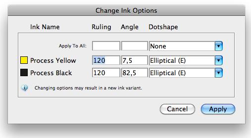 하나의 특정 잉크를 변경하거나 "모두 적용" 편집 상자를 사용하여 값을 모든 잉크로 설정할 수 있습니다.
