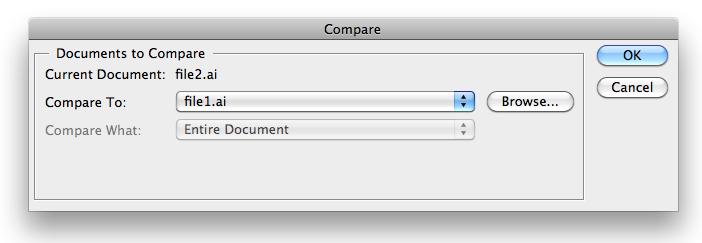 2. 활성 문서를 비교할 파일을 선택합니다. 활성 문서를 열려 있는 문서와 비교하려면 드롭다운 목록에서 파일 이름을 선택합니다. 활성 문서를 디스크에 있는 문서와 비교하려면 찾아보기 버튼을 클릭하고 파일을 선택합니다. 3. 비교할 항목을 정의합니다. 모든 이미지 현재 아트보드 자르기 상자 또는 미디어 상자만(정의된 경우) 선택한 영역만 4.