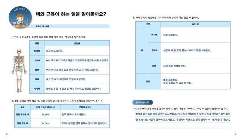 뼈와근육모형만들기를통하여팔이구부러졌다펴지는원리를설명하는것이다. 따라서우리몸의각부분을구성하고있는뼈와근육에대한개념해설보다는충분한관찰과모형조작의기회를제공한다. 이를위하여인체골격모형과내몸의뼈와근육을관찰함으로써이들의생김새를탐색하게한다. 이후교사의안내에따라뼈와근육이하는일을알아보고, 뼈와근육모형만들기를한다.