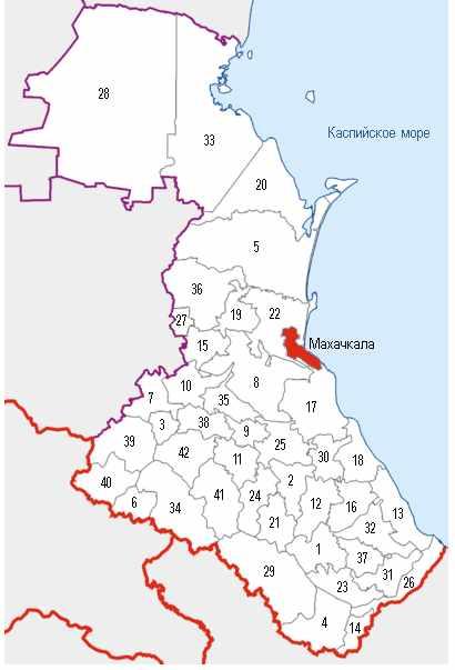 2.2.2 다게스탄공화국행정단위 2.2 행정구역 [ 그림18] 다게스탄공화국의행정도시 21) 다게스탄공화국은 42개의주 (район) 와 10개의시 (город) 로나누어져있다 22). 주요도시로는수도마하치칼라 (Махачкала ) 를포함하여, 데르벤트, 하사뷰르트, 부이낙스크가있다.