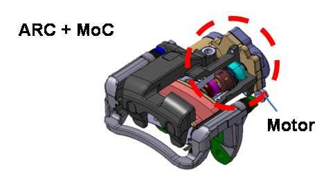 캘리퍼자체적으로주차브레이크기능을할수있도록모터가캘리퍼에장착된모터구동형주차브레이크.