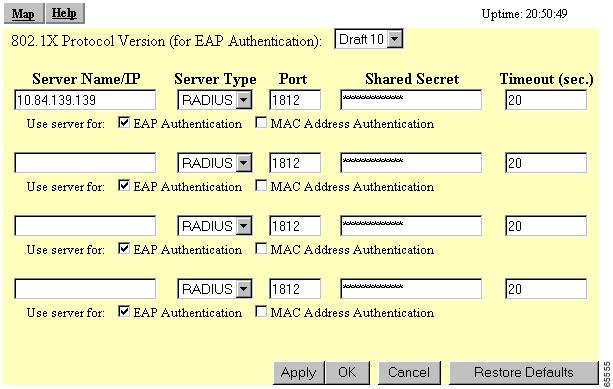 EAP 인증설치 액세스포인트에서 EAP 를활성화하기 EAP 인증을설치하고가동하려면 Authenticator Configuration 페이지와 AP Radio Data Encryption 페이지를사용하십시오. 그림 4-6 은 AP Radio Data Encryption 페이지를보여줍니다.