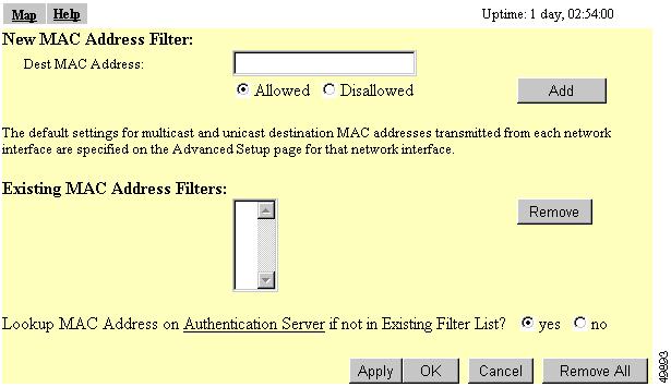 MAC 기반의인증설치 그림 4-10: Address Filters 페이지 단계 2 단계 3 단계 2 와단계 3 은액세스포인트관리시스템에 MAC 주소를입력하는것을설명합니다. 인증서버가사용하는목록에만 MAC 주소를입력하려고한다면단계 4 로넘어가십시오. Dest MAC Address 필드에 MAC 주소를입력하십시오.
