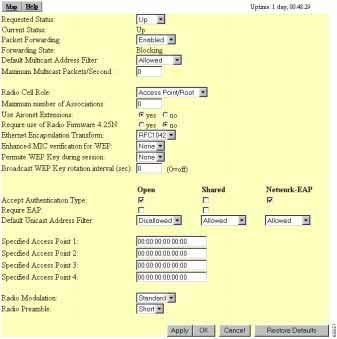 MAC 기반의인증설치 그림 4-12: AP Radio Advanced 페이지 단계 15 MAC 기반의인증을필요로하는모든인증유형에대하여 Default Unicast Address Filter 의풀다운메뉴에서 Disallowed 를선택하십시오.