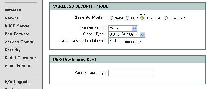 WIRELESS SECURITY MODE - Security Mode : WPA-PSK - Authentication : WPA, WPA2, WPA-AUTO, 중선택하여지정합니다.