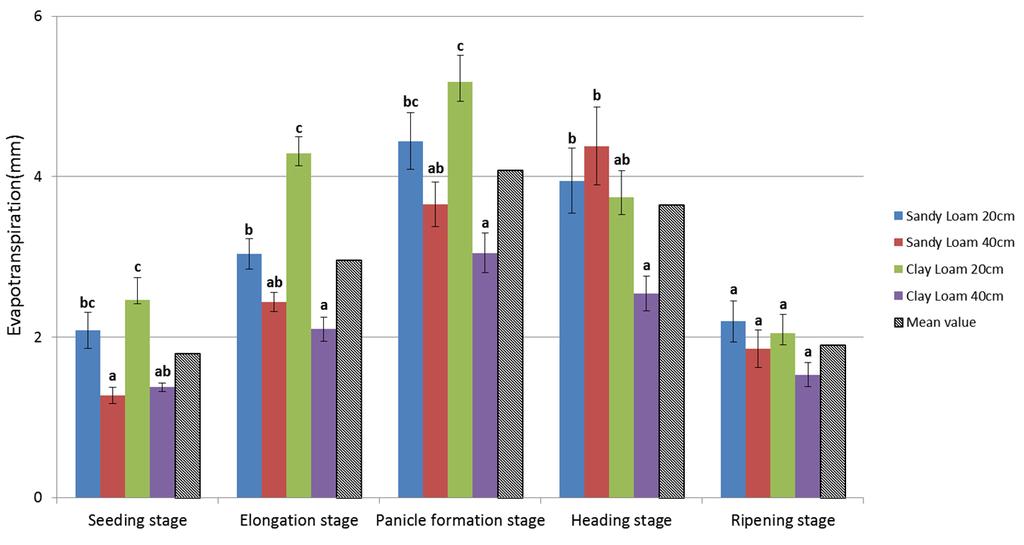 Water Use Efficiency of Soybean, Sorghum, Sesame with Different Groundwater Levels Using Lysimeter 347 Fig. 8. Evapotranspiration of sorghum at different crop growth stage. Table 5.
