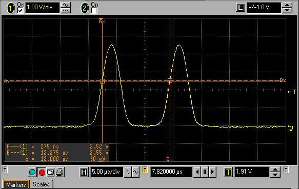 7) PULSE SPACING : 오실로스코프로송신펄스의간격을확인한다. 그림 2-21 PULSE SPACING 3.3.3 결과표시와기술기준허용치는아래와같다. 1) PULSE WIDTH : 3.5μs ±0.5μs 2) PULSE RISE & DECAY TIME : 2.5μs - 1μs, + 0.5μs 3) PULSE PAIR SPACING : 12.