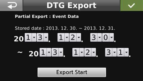 - Total Event DTG Data : 0.01 초운행저장자료가저장된날짜가표시되며, 아래의 Export Start" 버튼을누르면저장된자료전부를백업합니다. 자료다운로드 - Partial Event DTG Data : 0.