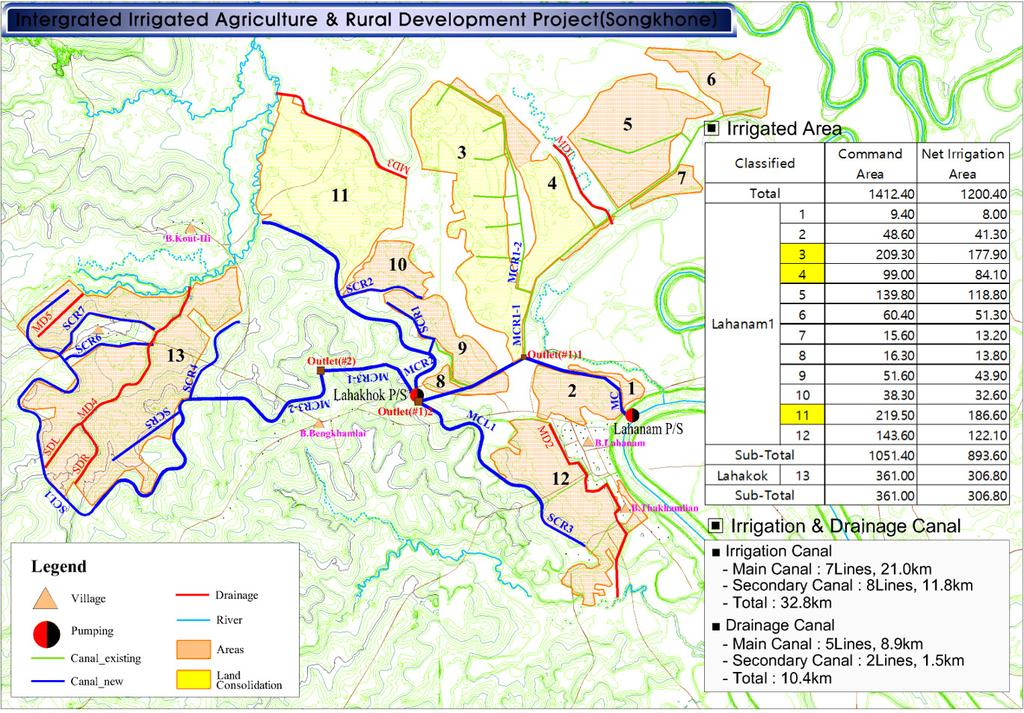 그림 4-9. 송콘 지역 내 관개 계획 구역 자료: Dasan Consultants and Yooshin Engineering Corporation, Integrated Irrigated Agriculture & Rural Development(2017b, p. 18).