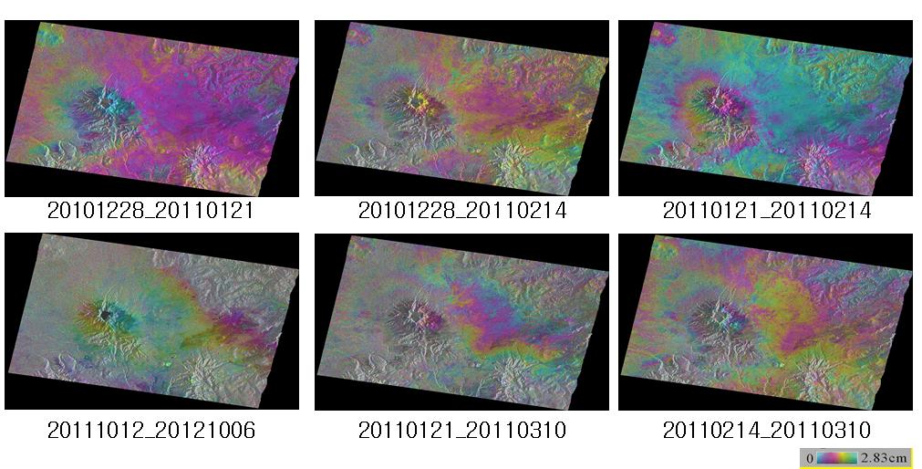 4.1.2. 화산활동감시 예측및한반도의지각활동진단기술개발 (1) SAR 영상자료를활용한백두산지표변위관측및분석원거리에서정밀지표변위관측이가능한 SAR위성을이용하여백두산화산지역의화산활동을분석하였다. 상대적으로활동성이높은해외의활화산에적용된알고리즘을이용하여화산활동에따른지표변위양상을연구하고그결과를바탕으로백두산의화산활동감시에적용하였다.