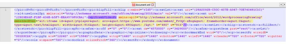 xml 파일내부에서유튜브아이프레임코드를포함하는 embeddedhtml 파라미터 (WebVideoPr) 파라미터를찾는다. Document.xml 파일에변경사항을저장하고수정된 xml 파일을포함하여 docx 패키지를업데이트한후문서를 오픈한다.