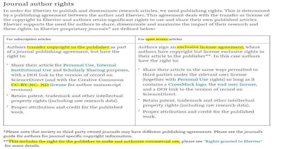 Elsevier - 저널별로정책상이할수있음 -World Bank, WHO, US Government, UK Government 와는별도협정을통한별도정책적용 Subscription Articles - 저작권은 Publisher 에귀속 - 저자는최종버전을 ScienceDirect doi 링크를통해개인적, 기관적, 학술적으로사용가능 - 저자원고버전에대해서는