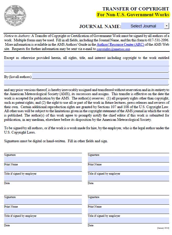 AMS Transfer of Copyright 양식 기타 Journal American Physical Society (APS), American Meteorological Society (AMS), World Scientific 등많은저널과출판사에서아직전통적인방식의저작권의저널귀속을 default로고수 정부용역연구나저자가 OA 를선택한문