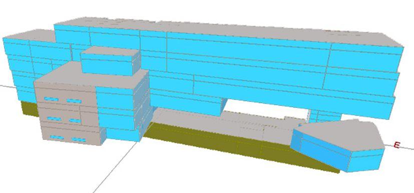 건물상세에너지해석프로그램을이용한폐열회수환기시스템의에너지성능평가사례에관한연구 3.3 HRV 시스템적용에따른에너지사용량 3.3.1 Equest 입력모델개요 표 3의해석대상건물에대한 Equest 모델링결과를 그림 3에나타내었다.