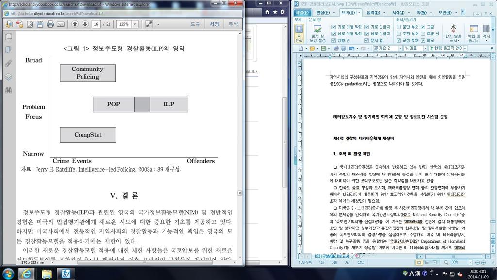 는경험적도구로서정보주도형경찰활동 (ILP) 의시행을실질적으로도울것이다. 또한, 법집행기관의지역사회경찰활동이테러리즘에적극적으로대응한다면상당히유용한범죄예방전략이될수가있으며, 지역사회경찰활동 (COP) 변화는지역사회의구성원들과지역경찰이함께지역사회안전을위해치안활동을공동생산 (Co-production) 하는방향으로나아가야할것이다.