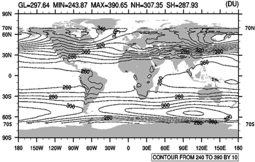 박상서 김준 조나영 이윤곤 조희구 351 Fig. 1. Global distribution of long-term average total ozone (1979~2009). 하였다. 그리고 2008 년이후는 JMA (2010) 의분석결과, Ver. 8.