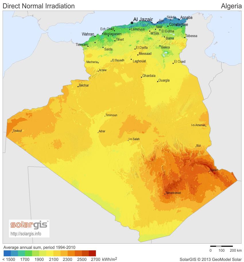 신재생에너지별현황및유망도 ㅇ태양에너지 Figure 15 알제리태양광잠재도 - 알제리의연평균일사기간은 2,000 시간이며, 고원지대의경우 3,900 시간에달함 - 태양광발전잠재량은