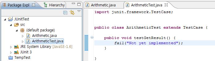 JUnit3 의 Example 3. 생성된 TestCase 를편집 import junit.framework.testcase; public class ArithmeticTest extends TestCase{ Arithmetic am; //am.