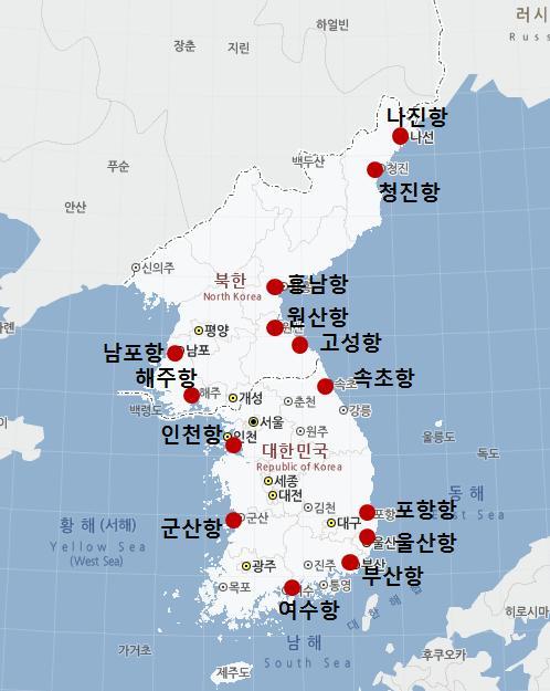 Ⅲ. 남북해상여객운송실태와특성 < 그림 3-1> 남북해운합의서지정항만 자료 : 해양수산부, 남북해운합의서및부속합의서해설서 를참조하여필자작성 이상과같이해운합의서발효로남북해상운송발전의제도적토대를이루었음.