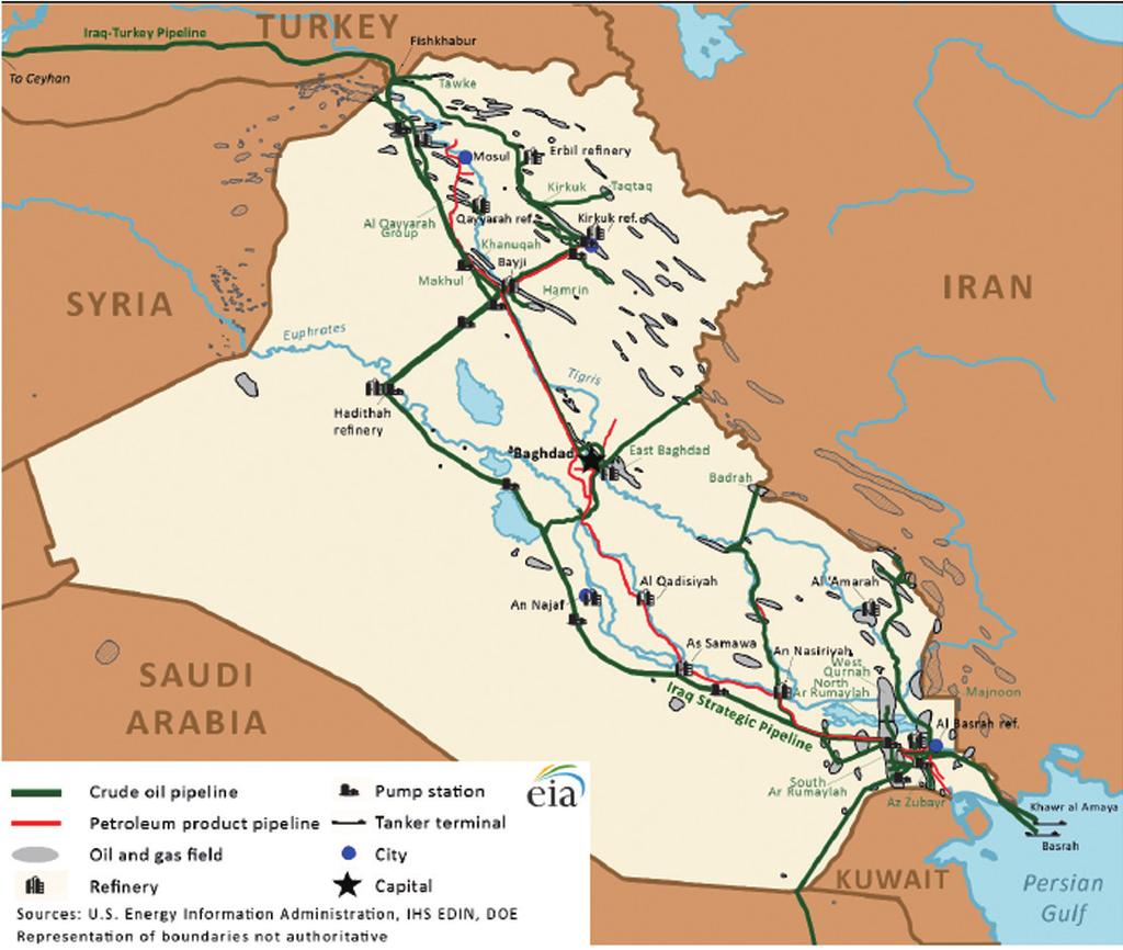 이라크원유및가스인프라분포지도 출처 : United States Energy Information Administration, 2016 2) 원유생산량 2017 이라크개황 IRAQ 이라크원유생산은이라크-이란전쟁 (1980), 걸프전 (1990) 및이후 UN의대이라크경제제재등에따라상당한제약을받아왔으나, 2000년대후반에들어증가세를보이고있음.