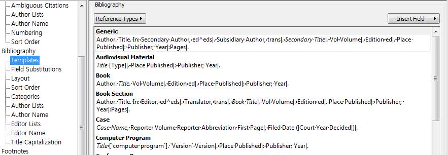 ). Link Adjacent Text ( ) - 텍스트연결기능, 필드에내용이없으면함께생략됨. - Edition ed. : Edition 필드와텍스트 (ed.) 를연결 - vol volume : Volume 필드와텍스트 (vol) 을연결 - Editor Ed.^Eds. : 에디터가 명이면 Ed., 여러명이면 Eds. 가출력되도록필드와텍스트를연결.