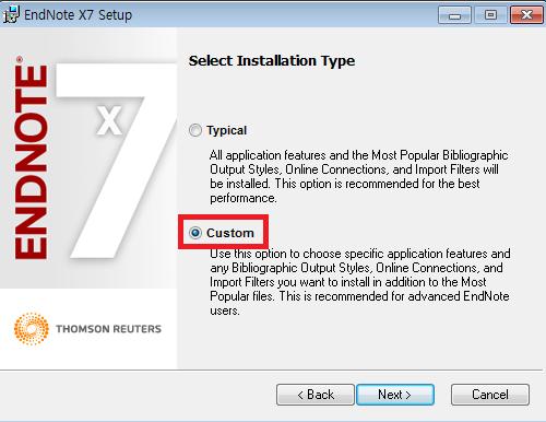 . EndNote 설치시선택사항 - Select Installation Type에서 Custom 선택후 Next 버튼클릭 - Select